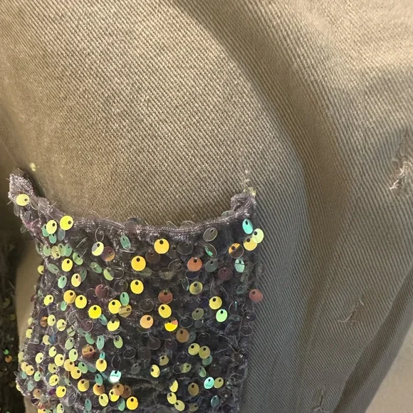 ChicMe Oversized Khaki & Sequin Button Down Shirt-Size S - Picture 4 of 12